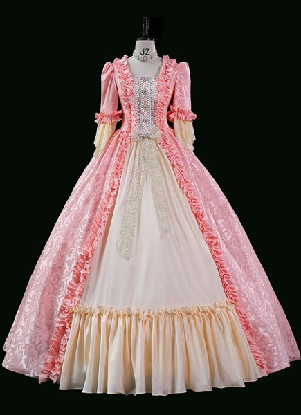 Vintage Pink Jacquard Renaissance Fair Colonial Lady Princess Tea Party Garden Floral Marie Antoinette Gown Dress Theater Costume