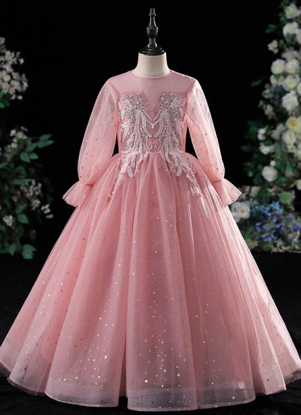 Girls Pink Long Sleeve Sequin Tulle Wedding Christmas Dresses
