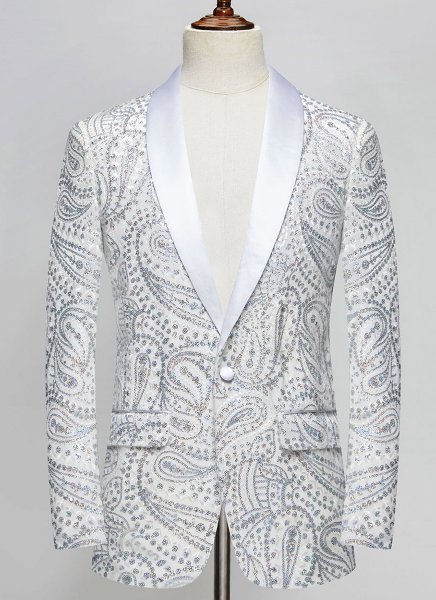 Men White Cashew Flower Shiny Sequin Floral Shawl Lapel Suit Jacket Weddings Prom Banquets Formal Blazer