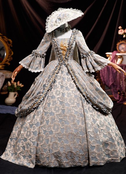 Graceful Renaissance Gray Floral Jacquard Victorian Regency Rococo Mantua Dress Gold Appliques Three Quarter Sleeve Carnival Valentine Day Ball Dress