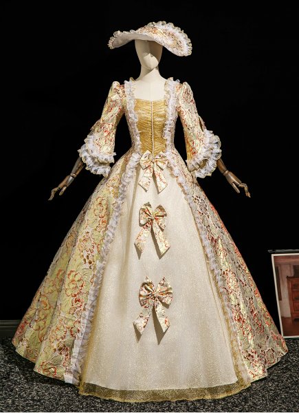 Noble Gold Floral Parttern Jacquard Masked Party Dress Half Sleeves Bows Lace Prom Dress with Hat