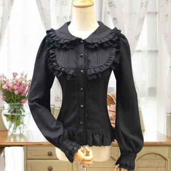 Long-Sleeved Lolita Full Sleeve Chiffon Slim Retro Vintage Sweet Ruffles Lace Lolita Blouse Top Shirt for Women