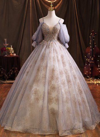 ヴィンテージレトロライトバイオレット刺繍フローラルウエディングドレスボールガウンセクシーなディープVネック半袖背中の開いた床の長さの長いフォーマルドレス
