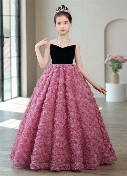 Rose Flower Sleeveless Christmas Party Dress Beauty Contest Ball Gown