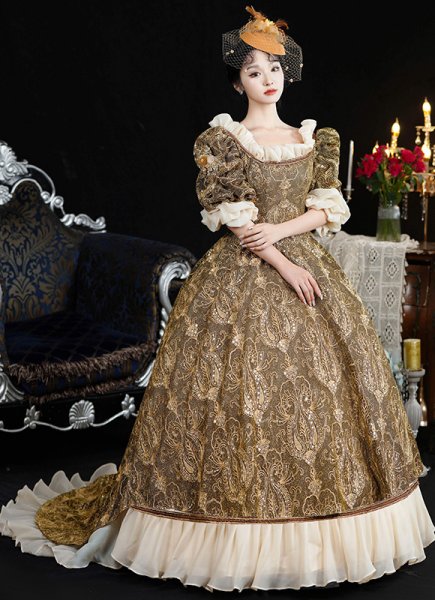 Vintage Women Gold Embroidery Rococo Renaissance Victorian Ball Gown Theater Dress