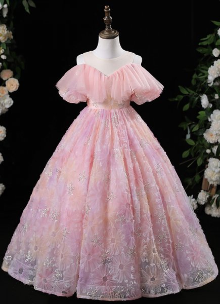 Children Ruffle Shoulder Tulle Flowers Prom Fancy Dresses