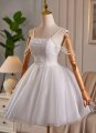 White Jacquard Spaghetti Straps Beading Tulle Formal Dress