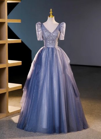 A-line Floor-Length Tulle Sequin Prom Dresses With Beading