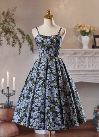 Girls Spaghetti Straps Vintage Jacquard Prom Dress