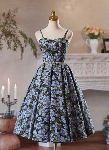 Girls Spaghetti Straps Vintage Jacquard Prom Dress