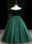 Vintage Green Velvet Mesh Dress Banquet Party Dresses For Children