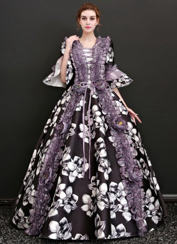 ビクトリア朝のルネッサンスフローラルドレスボールガウンブラックプリンセスウエディング再現服