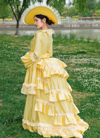 Yellow Carnival Masquerade Party Dress Women Vintage Victorian Bustle Dresses