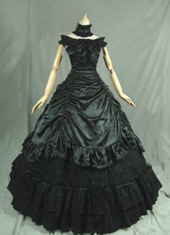 ブラックビクトリア朝時代のサルーンガールドレスボールガウンシアターコスチューム