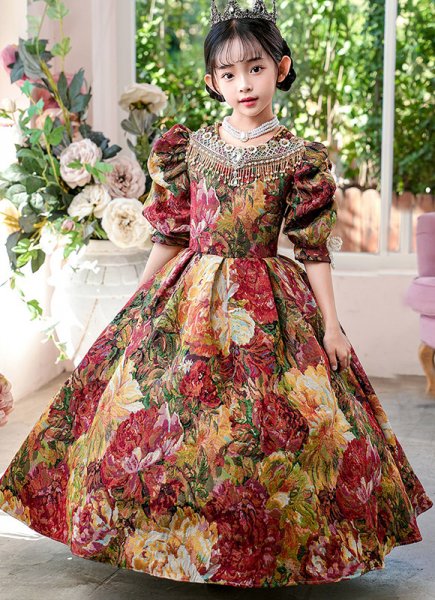 Children Brocade Floral Masquerade Dresses Kids Girls Theater Costume