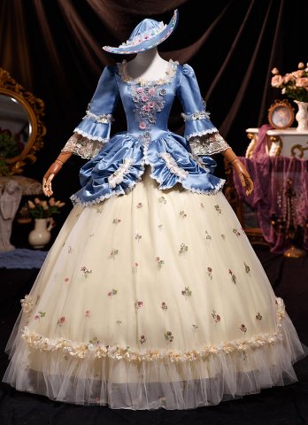 Graceful Renaissance Vintage Blue Maksed Prom Ball Dress Flower Appliques Lace Half Sleeve Long Formal Dress
