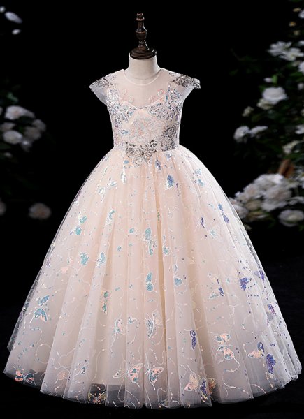 Children Butterfly Sequin Tulle Dress Girls Prom Homecoming Dresses