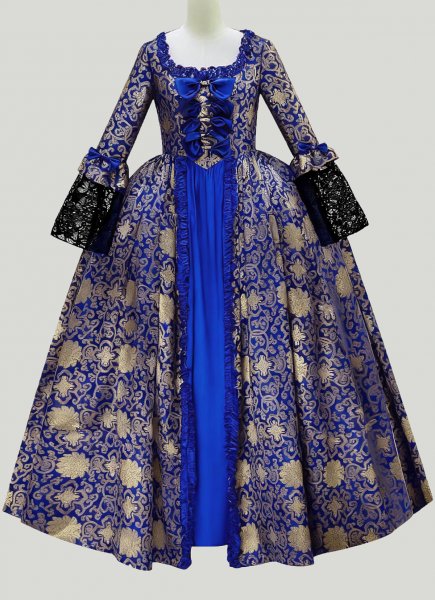 Rococo Baroque 18th Century Marie Antoinette Style Ball Dress for Women Blue Floral Parttern Brocade Halloween Costume