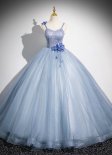 Girls Blue Spaghetti Strap Corset Bead Tulle Prom Homecoming Dress
