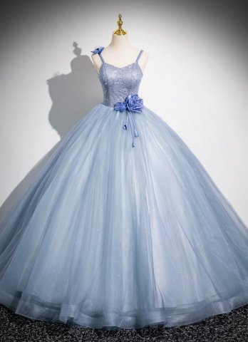Girls Blue Spaghetti Strap Corset Bead Tulle Prom Homecoming Dress