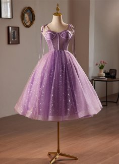 Purple Glitter Spaghetti Straps Corset Prom Party Dress