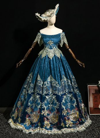 Graceful Retro Navy Blue Velvet Masked Prom Ball Gown Lace Short Sleeves Off the Shoulder Long Lolita Tea Party Dress