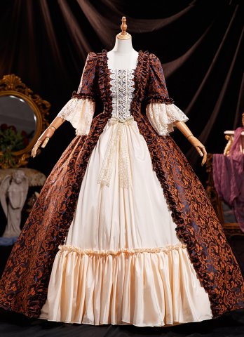 Renaissance Retro Brown Brocade Ball Gown Prom Dress Lace Half Sleeve Square Neckline Floor Length Formal Dresses