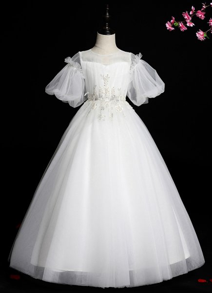 Children Puff Sleeve White Sequin Tulle Wedding Party Dresses