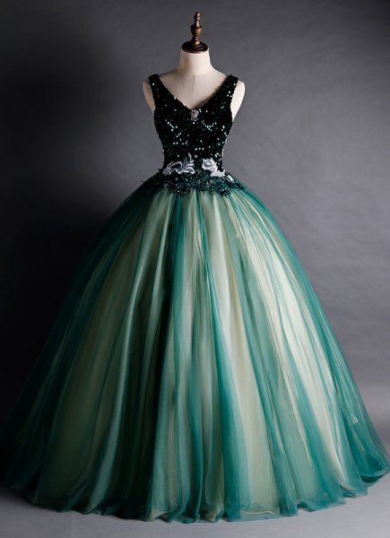 Women Green Sequin Sleeveless Evening Prom Ball Gown Dress