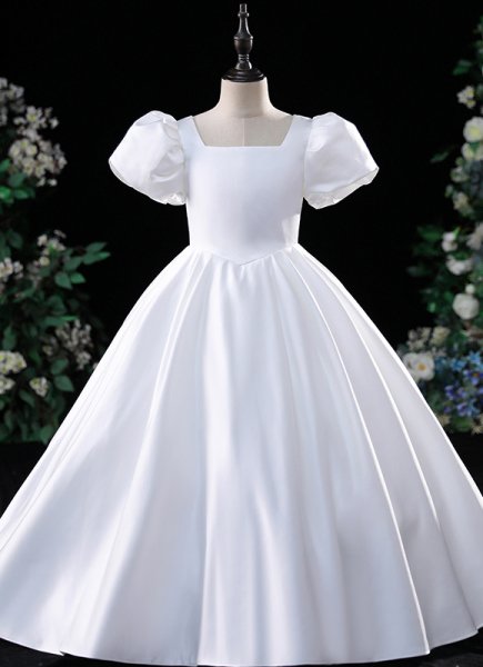 White Girls Satin Wedding Formal Ball Gown