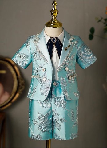 Boys Jacquard Wedding Tuxedo Special Occasion Performance Short Pants 5pcs Suit Set