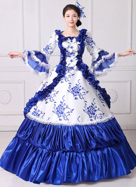 真新しいブルーレースプリントマリーアントワネットマスカレードボールガウン中世南部ロココベルドレス劇場服