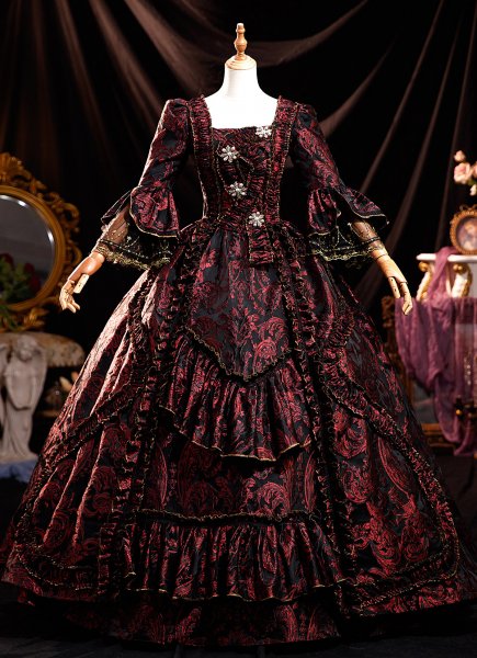 Culturedly Retro Burgundy Floral Jacquard Prom Dresses Marie Antoinette Ball Gown Renaissance Square Neckline 3/4 Sleeve Floor Length Long Formal Dress