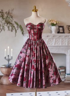 Vintage Burgundy Corset Off-the-Shoulder Jacquard Party Dress