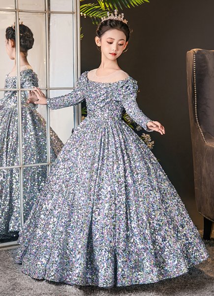 Children Sequin Long Sleeve Graduation Party Dress