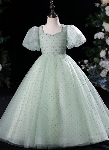 Green Forest Style Girls Bead Party Communion Dresses