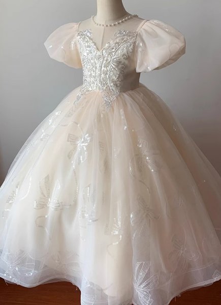 Flower Girls White Mesh Wedding Baptism Party Dresses