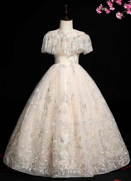 Girls Ruffle Shoulder Sequin Tulle Champagne Prom Homecoming Dresses