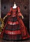 Red Floral Brocade Long Sleeves Tiered Ruffles Floor Length Masquerade Party Dress
