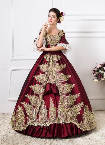 ホットセールグリーンとワインレッドのサテン刺繍ロココマリーアントワネットパーティードレス