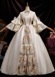 Noble Medieval Retro Champagne Masked Prom Dresses Ball Gown Bow Lace 3/4 Sleeves Stand Neckline Floor Length Long Formal Dress