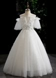 Girls White Ruffle Sleeve Embroidery Bead Tulle Wedding Bridesmaid Dresses