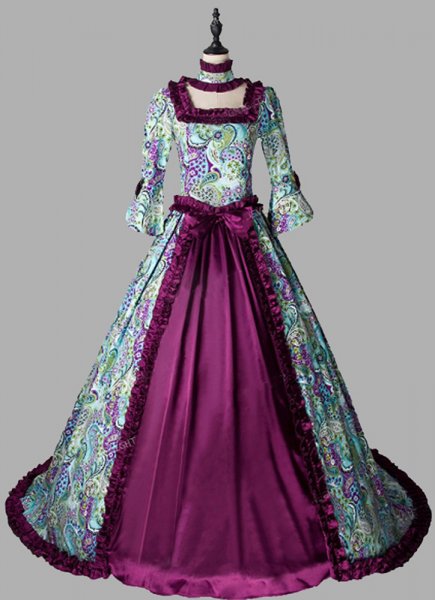 Renaissance Purple Brocade Floral Pattern Marie Antoinette Queen Princess Dress 18th Century Vampire Gown Theater Costume