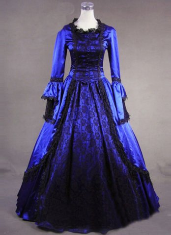 ブルーロングフレアスリーブレース18世紀ルネッサンスビクトリア朝のボールガウンドレス