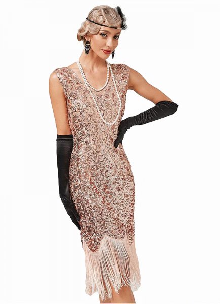 1920S Party Dresses V-Neck Fringe Sleeveless Semi Formal Dress