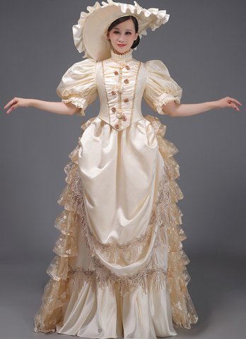 Champagne Historical Victorian Bustle Wedding Gown Dress Southern Belle Princess Dresses