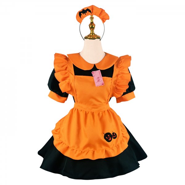 Plus Size Women Orange Pumpkin Printed Fancy Cosplay Maid Halloween Festival Party Dress Uniform Cute Girls Lolita Costumes