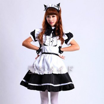 Black and Pink Cute Women Cat Ear Restaurant Maid Uniform Girls Sweet Japanese Lolita Dresses Anime Cosplay Costume