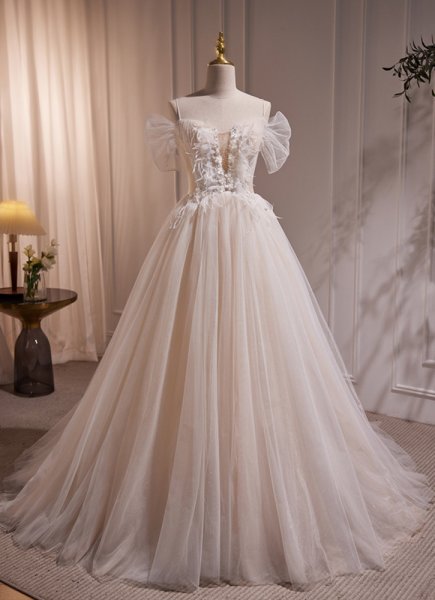 Champagne Tulle Sequins Pearls Off the Shoulder Wedding Dress