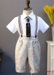 Boys Brocade Jacquard Suspenders Suit Kids Wedding Dinner Prom 3 Pcs Formal Wear